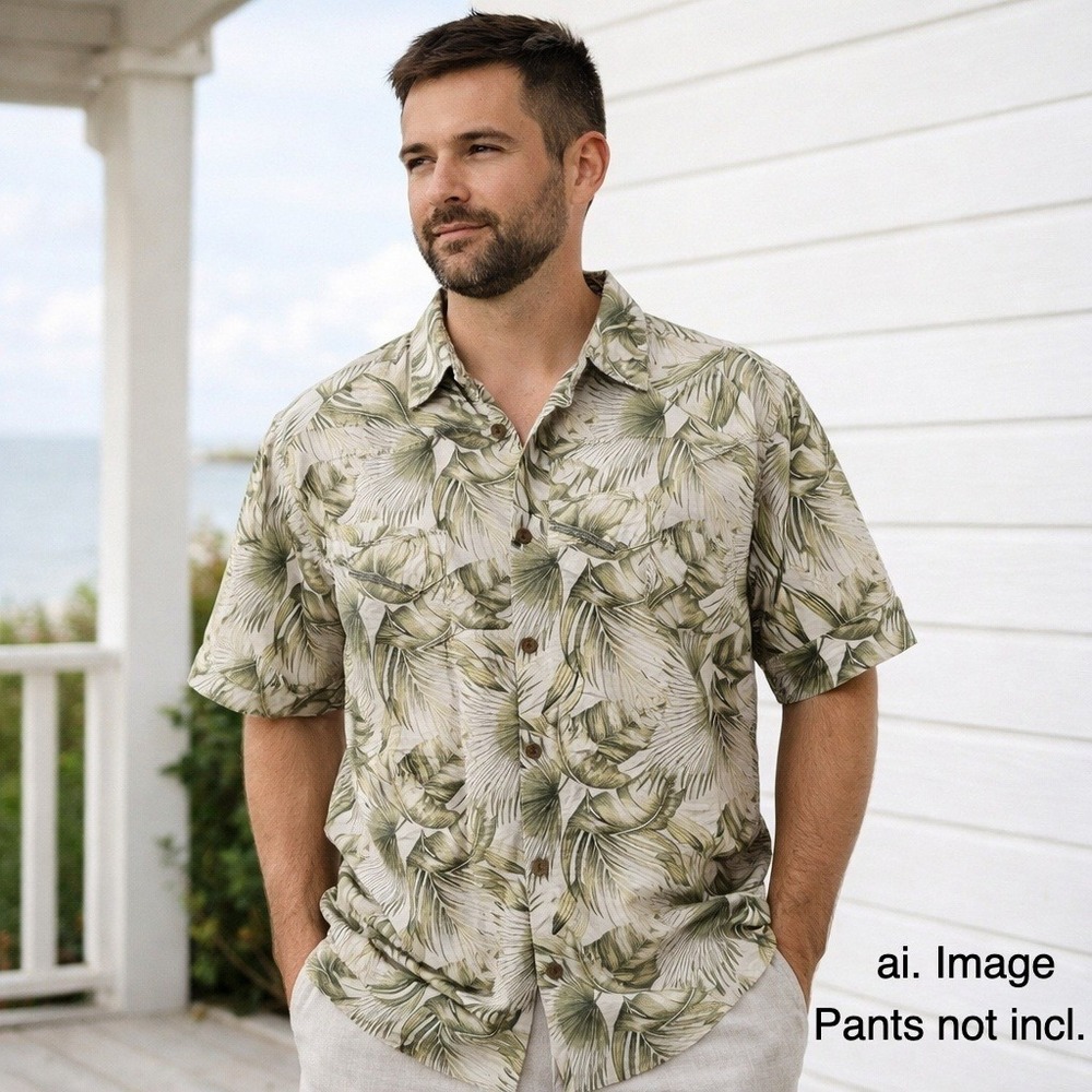 Island‎ Republic 100% Silk Hawaiian Shirt XL Tropical Palm Aloha Resort Cruise